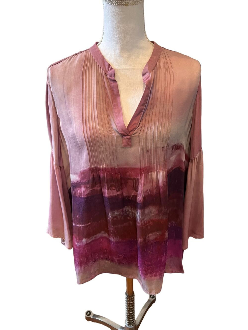 Tangerine Watercolor Silk Top Dusty Rose Ombre Print M